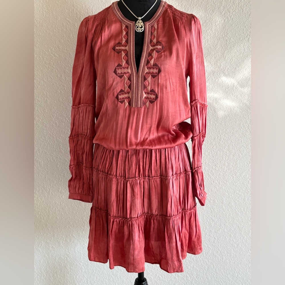FRYE XS Bohemian Red Dress with Embroidered Details
